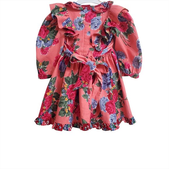 Mousefeathers Vintage Girl Toddler Dress Size 2 Floral long Sleeve Ruffles Ties - Picture 3 of 12